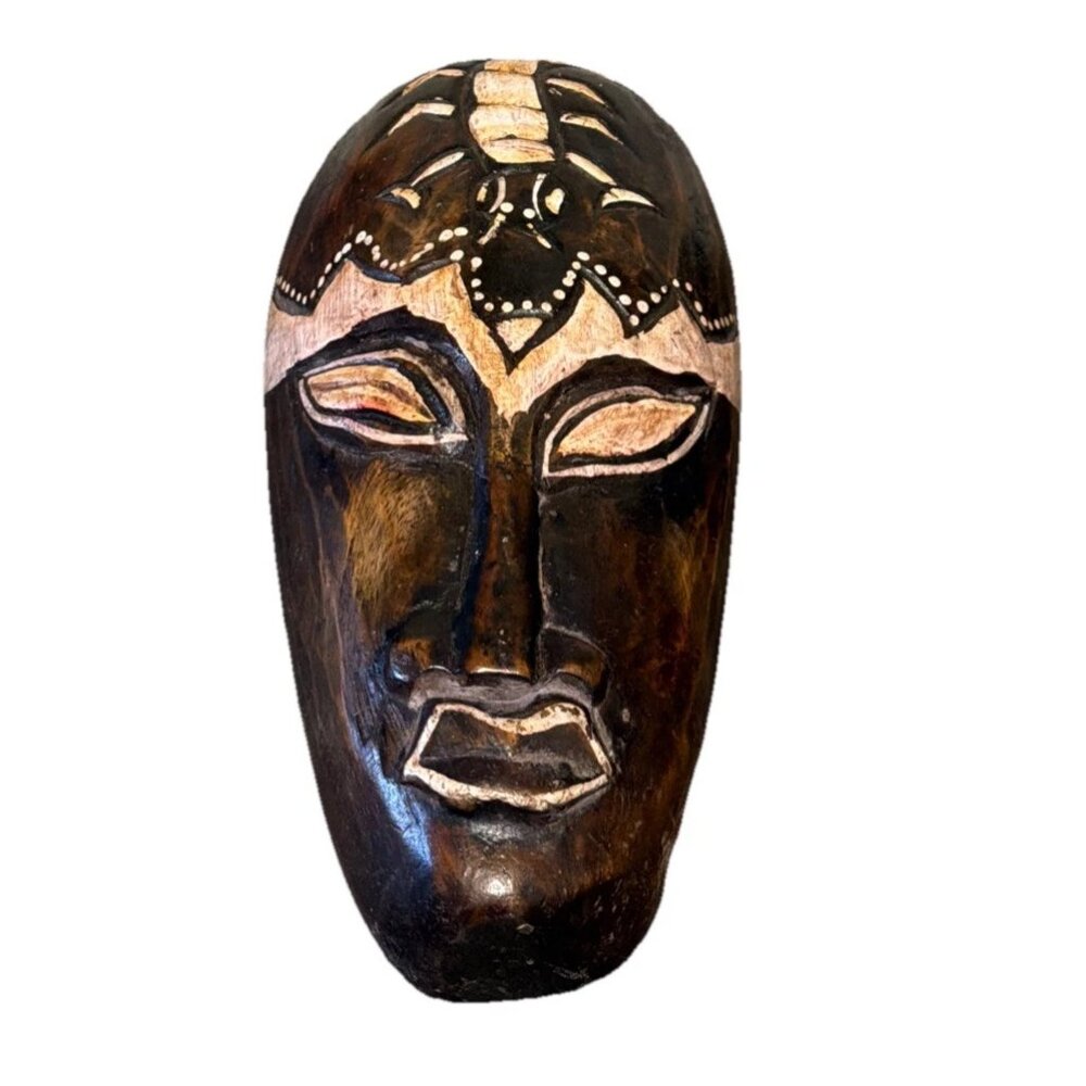 Vintage Hand Carved Painted Solid Wood 8" Wall Art Mask Face Costa Rica